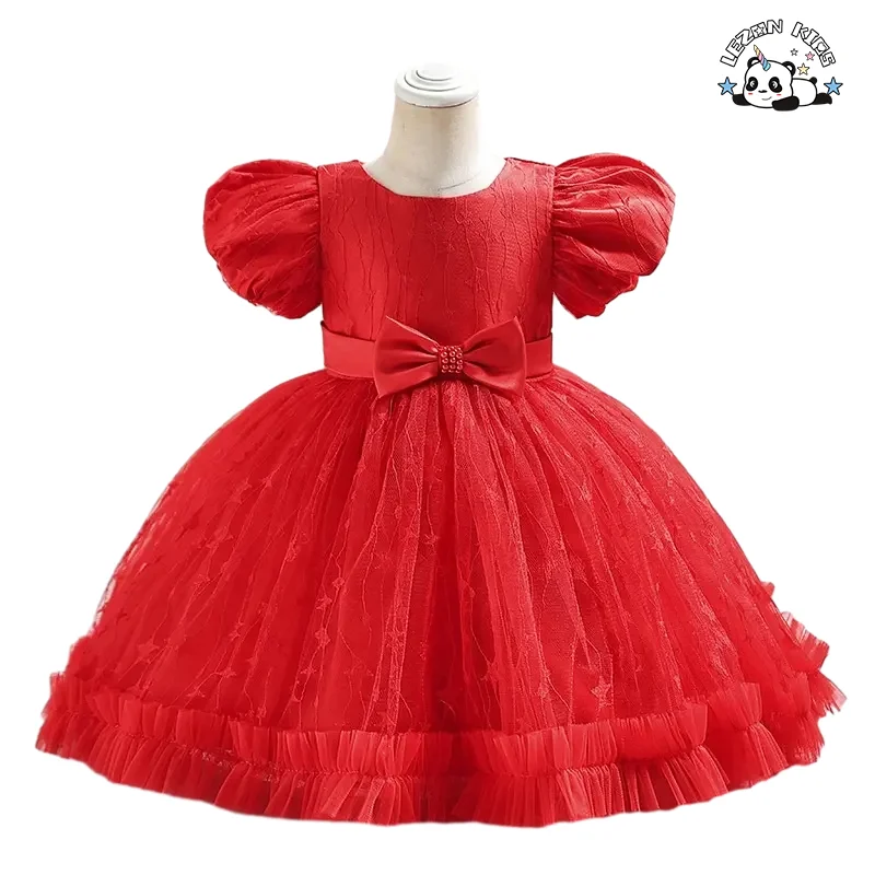 LEZONKIDS - Pink Flower Sequins Girl Dresswith Puff Sleeves Pageant Dress in Wedding or Party for 1st Baby Girl